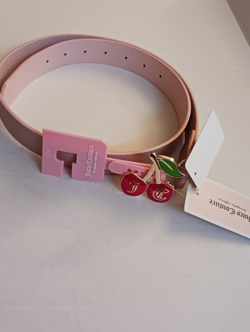 Juicy Couture Cherry Logo Enamel Belt - Pink Red Gold Buckle Size S/M NWT - Picture 2 of 7